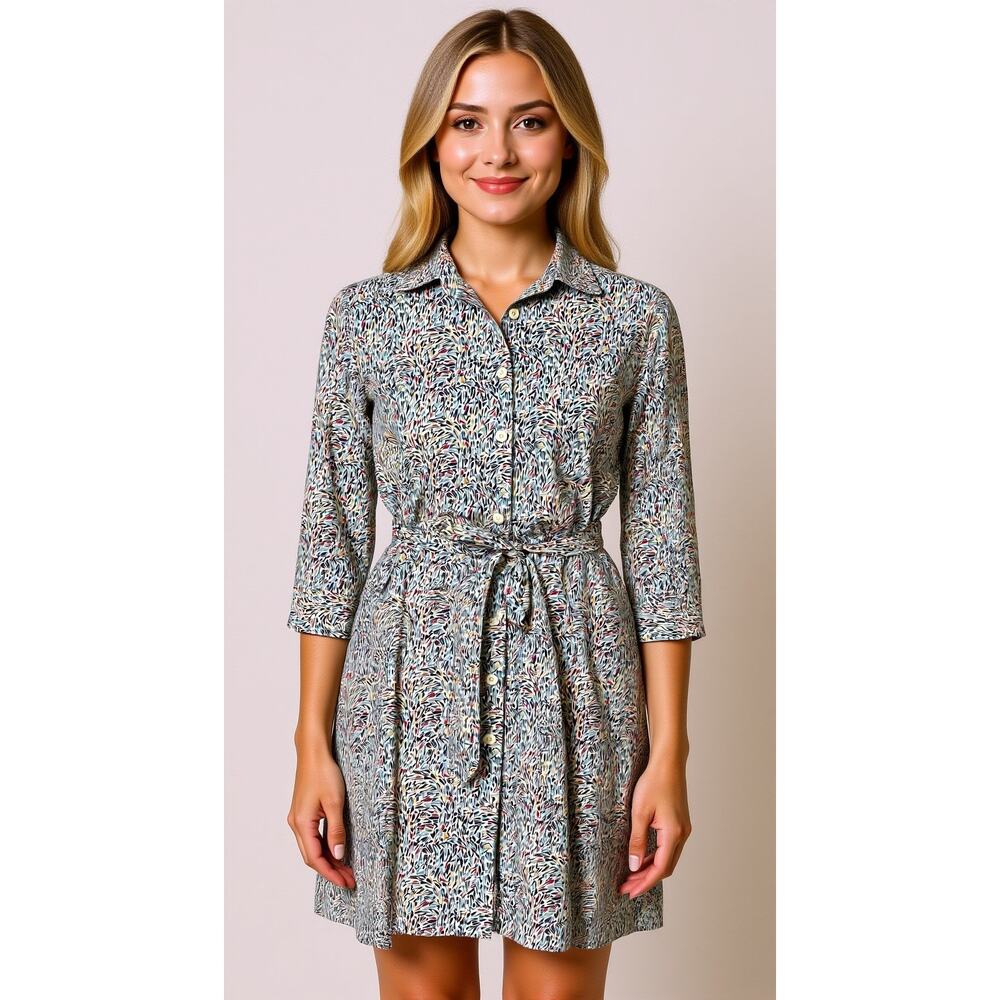 0039 Italy NWOT Multicolor Belted Shirt Dress Sz S Designer Brunch Preppy Money